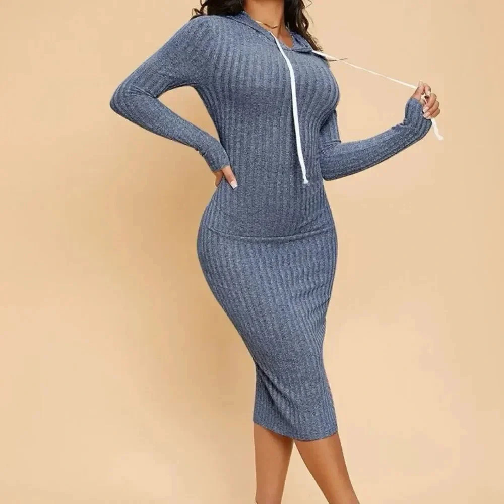 SHEIN SXY Drawstring Detail Rib-knit Hooded Dress Size M